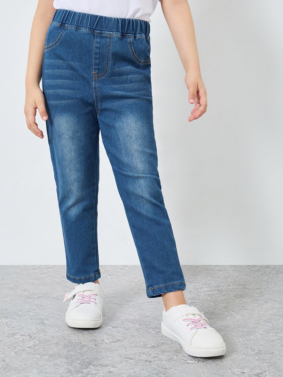 Whiskered Faded Elastic Waist Jeggings