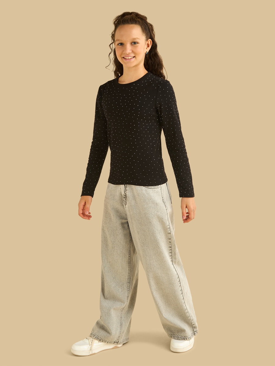 Embellished Ribbed Long Sleeves Top