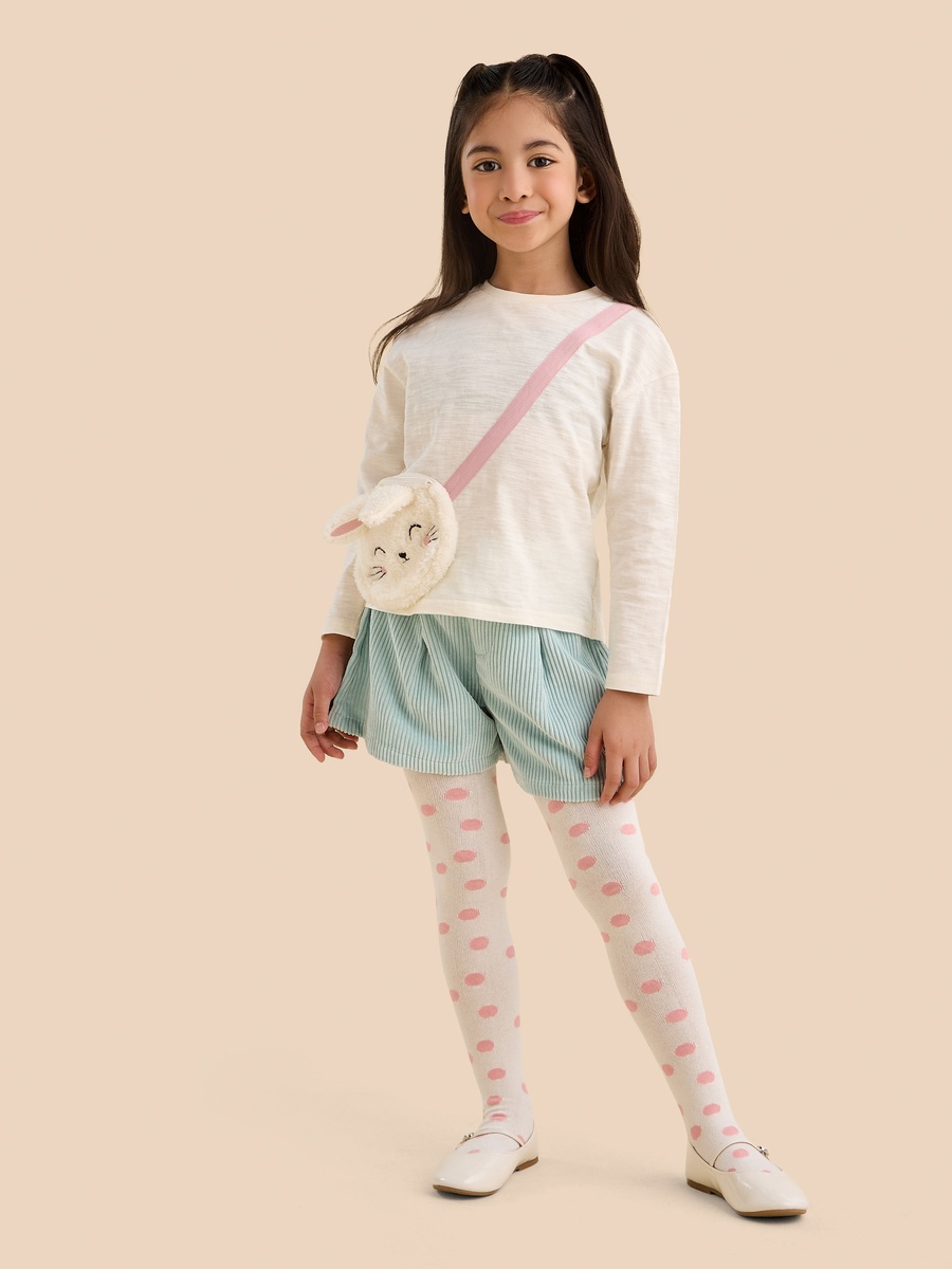 Bag Applique Cotton T-Shirt with Shorts and Printed Tights