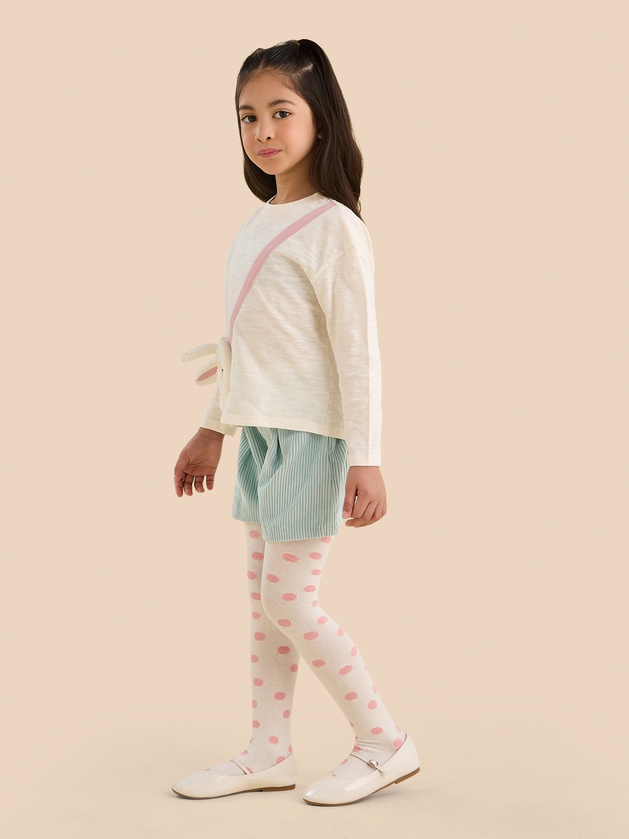 Bag Applique Cotton T-Shirt with Shorts and Printed Tights