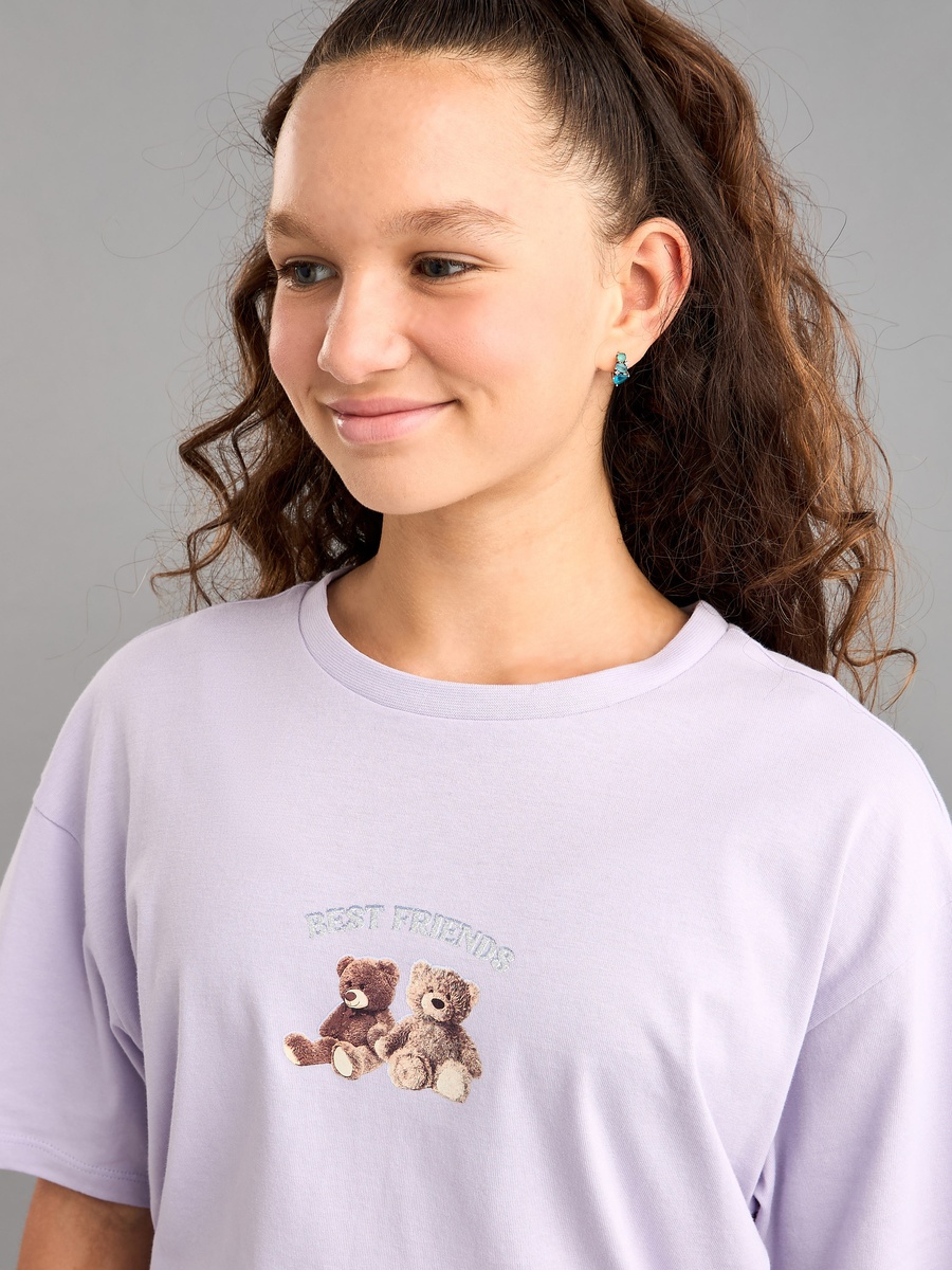 Teddy Bear Print Oversized Cotton T-Shirt
