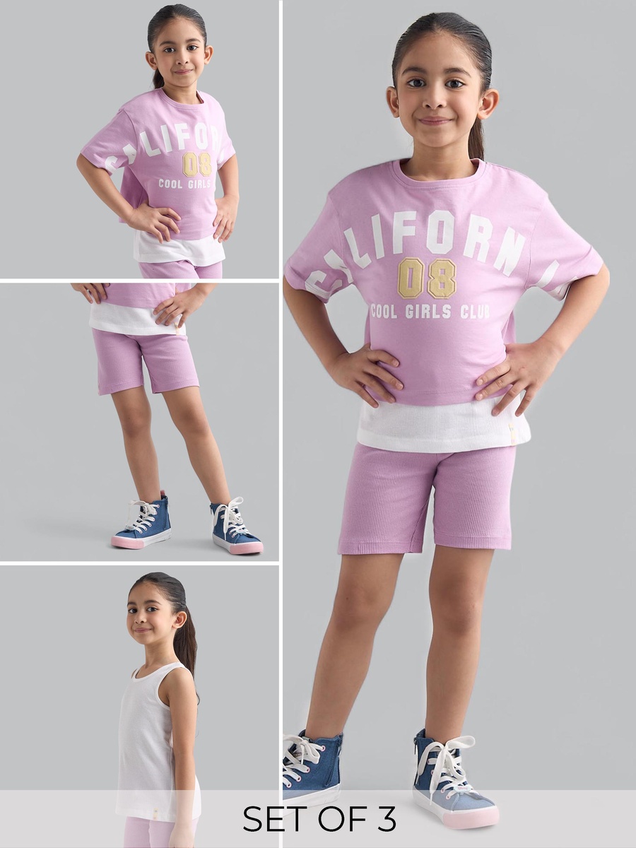 Printed T-Shirt with Short Leggings and Ribbed Top Set