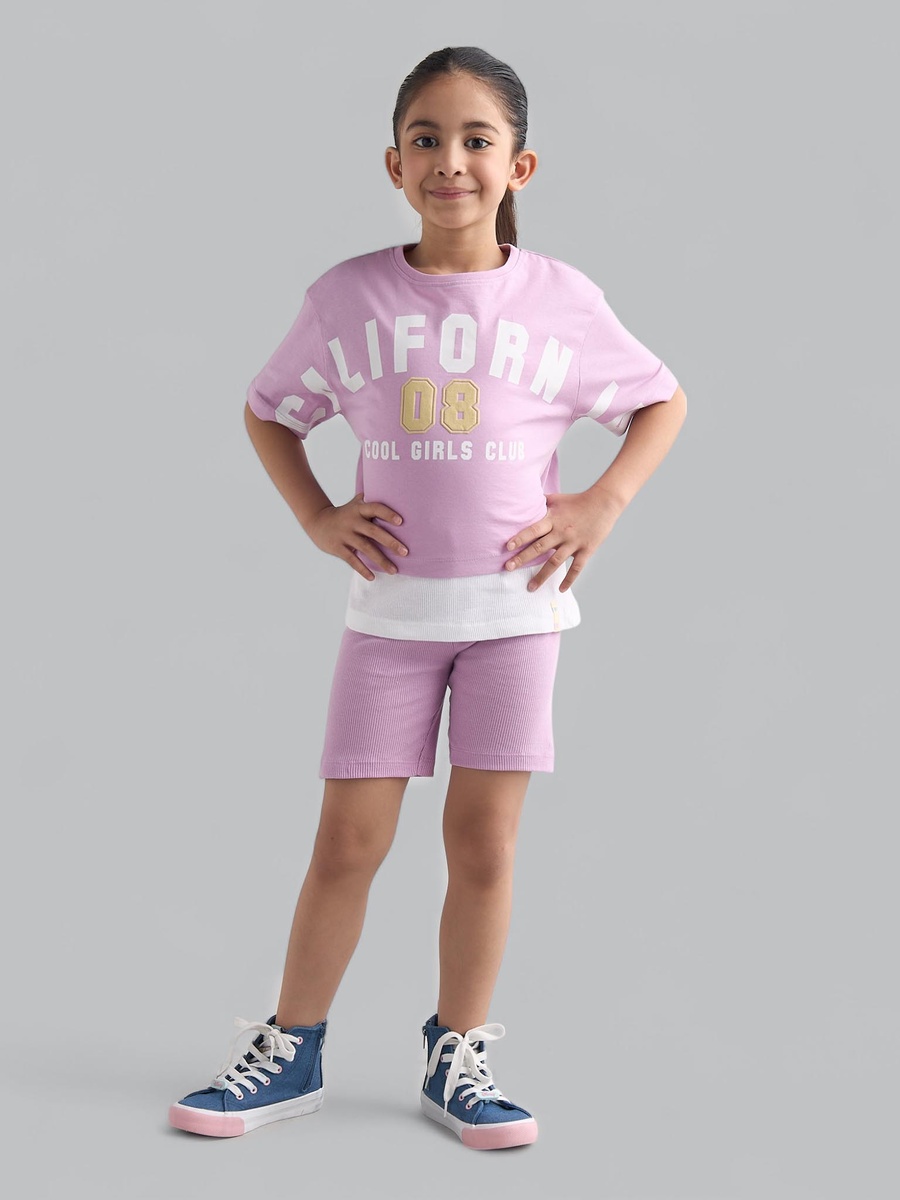Printed T-Shirt with Short Leggings and Ribbed Top Set