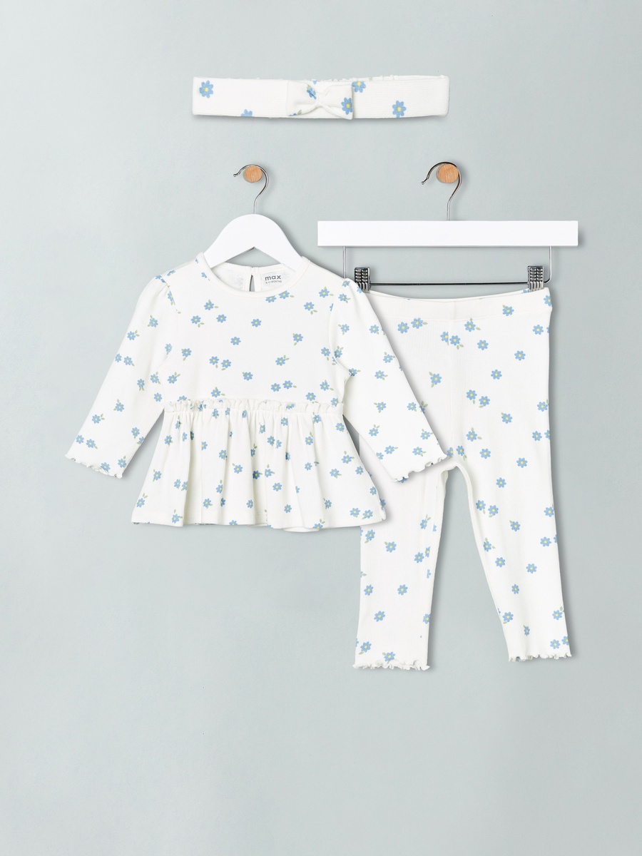 Ribbed Floral Print Cotton Peplum Top and Leggings Set