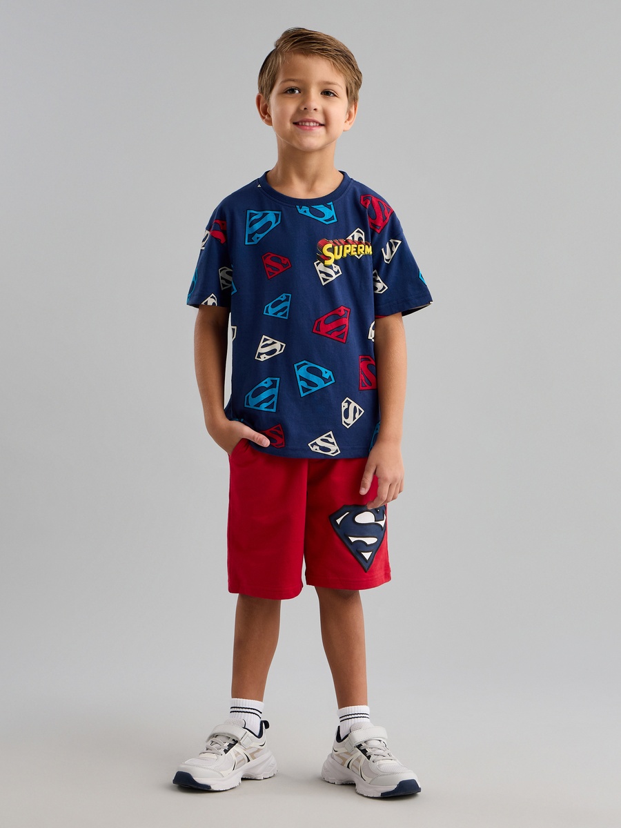 Superman Print Cotton T-Shirt and Shorts Set