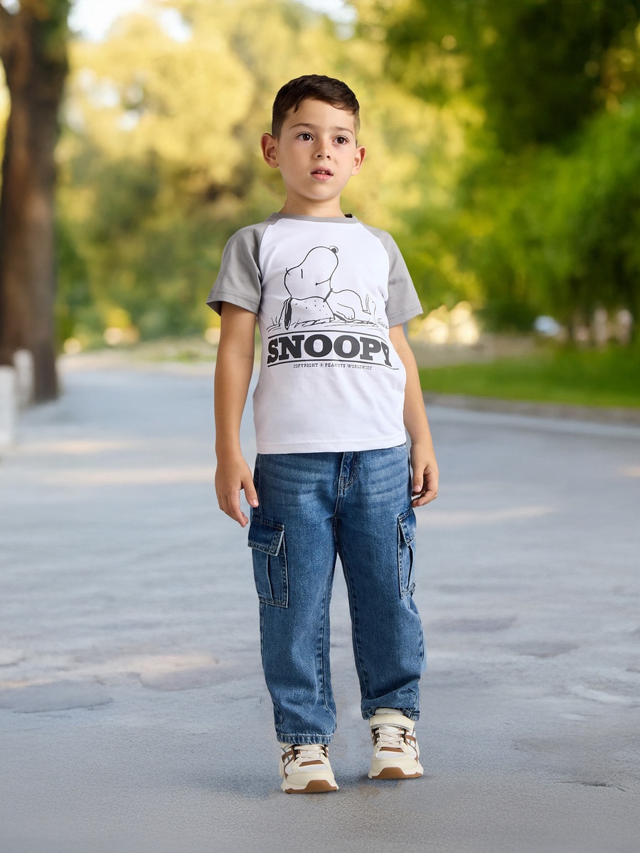 Snoopy Dog Print T-Shirt with Raglan Sleeves