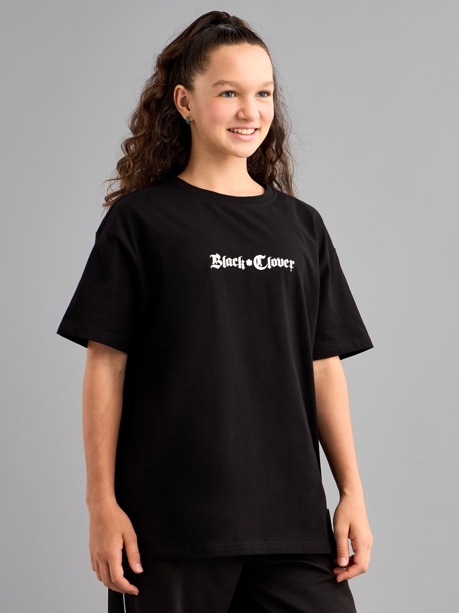 Black Clover Print Oversized Cotton T-Shirt