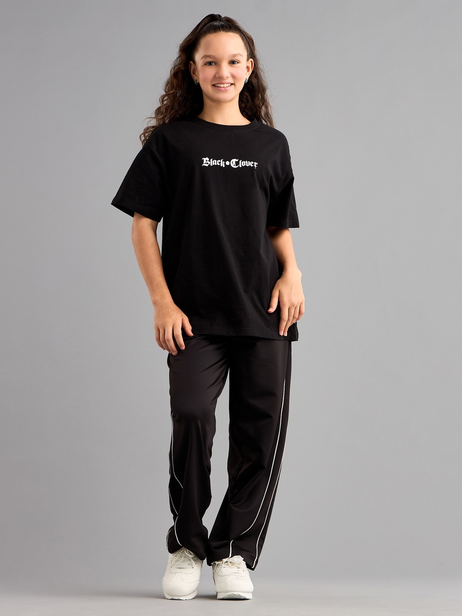 Black Clover Print Oversized Cotton T-Shirt