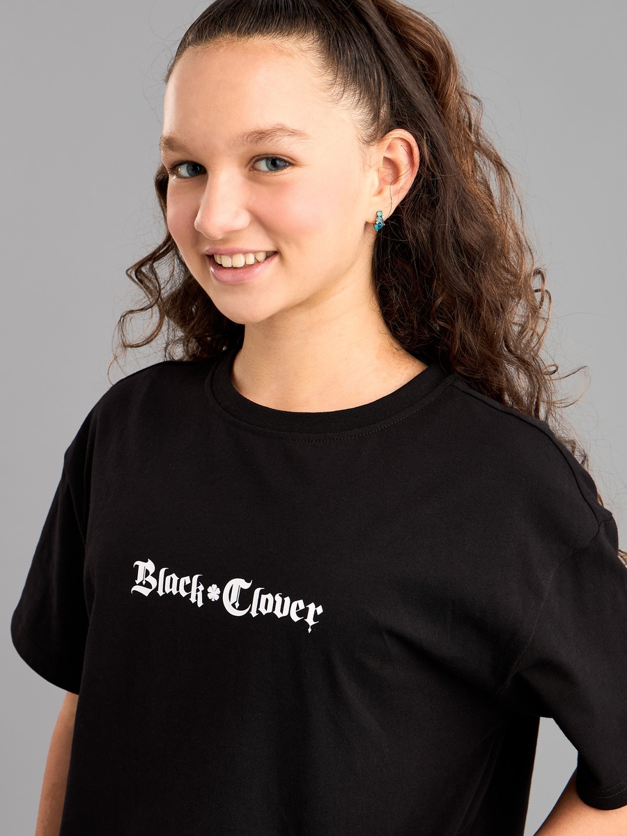 Black Clover Print Oversized Cotton T-Shirt