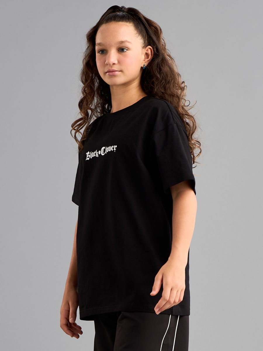 Black Clover Print Oversized Cotton T-Shirt