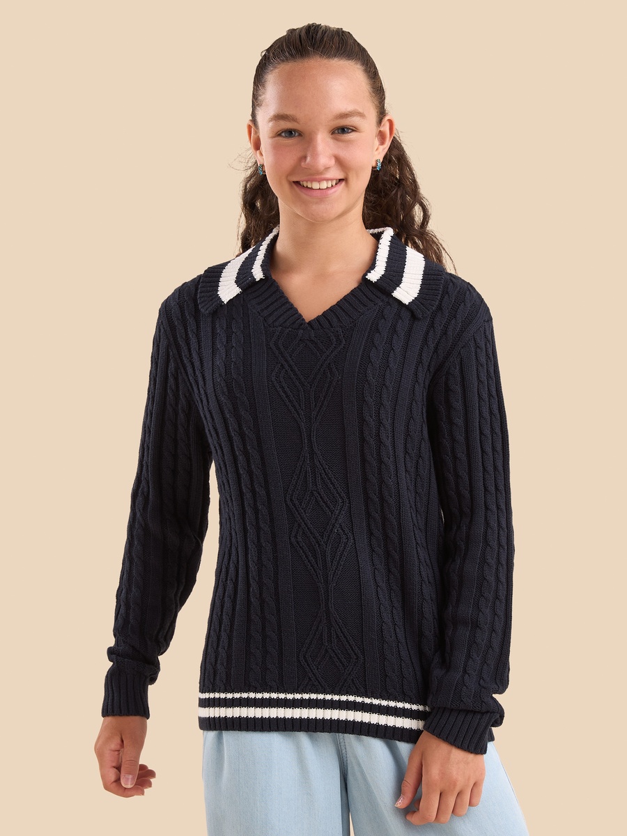 Cable Knit Oversized Sweater with Collar