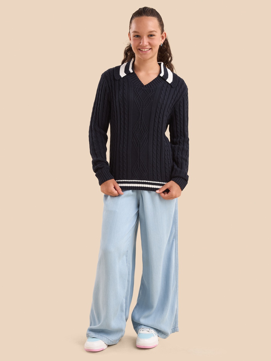Cable Knit Oversized Sweater with Collar