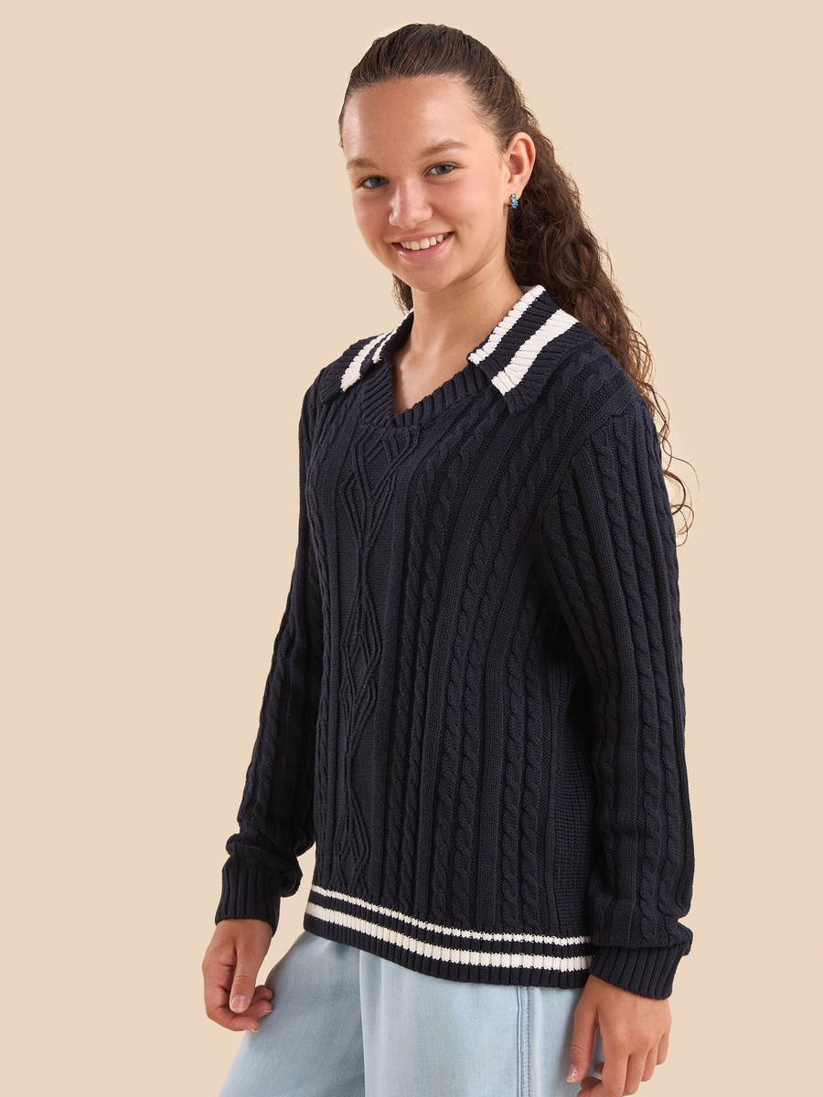 Cable Knit Oversized Sweater with Collar