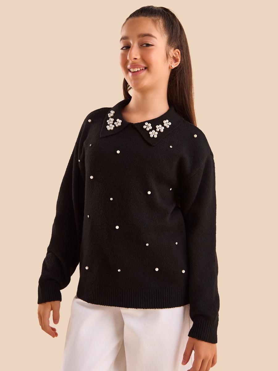 Embellished Oversized Sweater with Collar