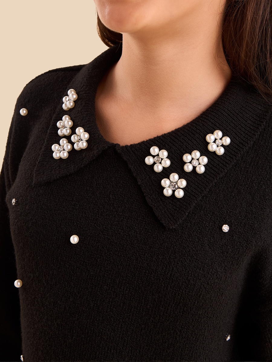 Embellished Oversized Sweater with Collar