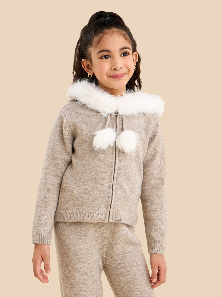 Plush Accent Hooded Zip Through Cardigan and Jogger Set