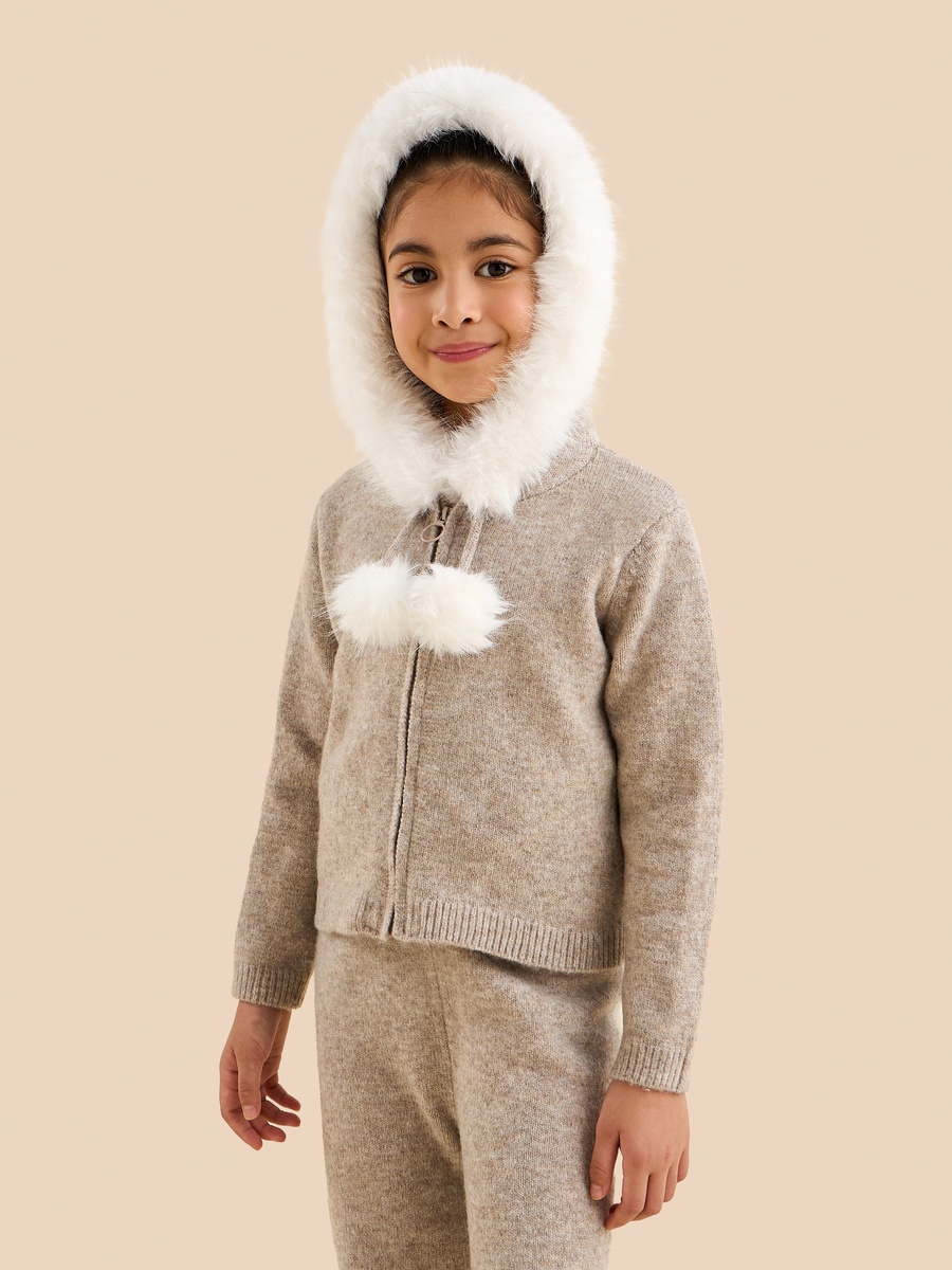 Plush Accent Hooded Zip Through Cardigan and Jogger Set