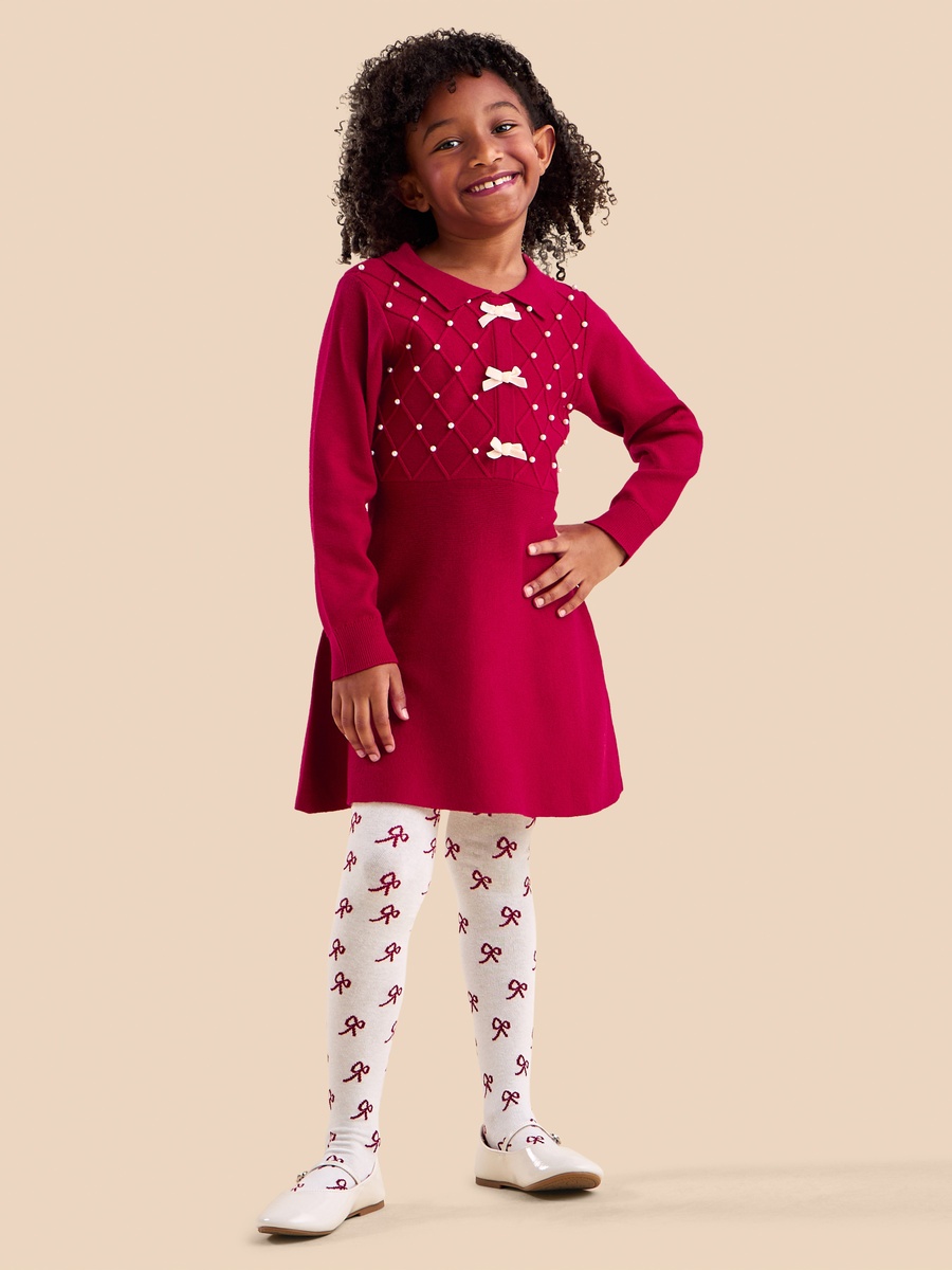 Pearl Embellished Bow Trim Dress with Tights