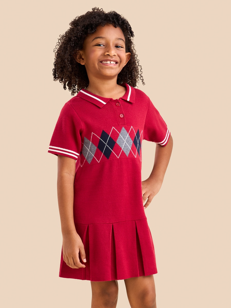 Pleated Drop Waist Polo Sweater Dress