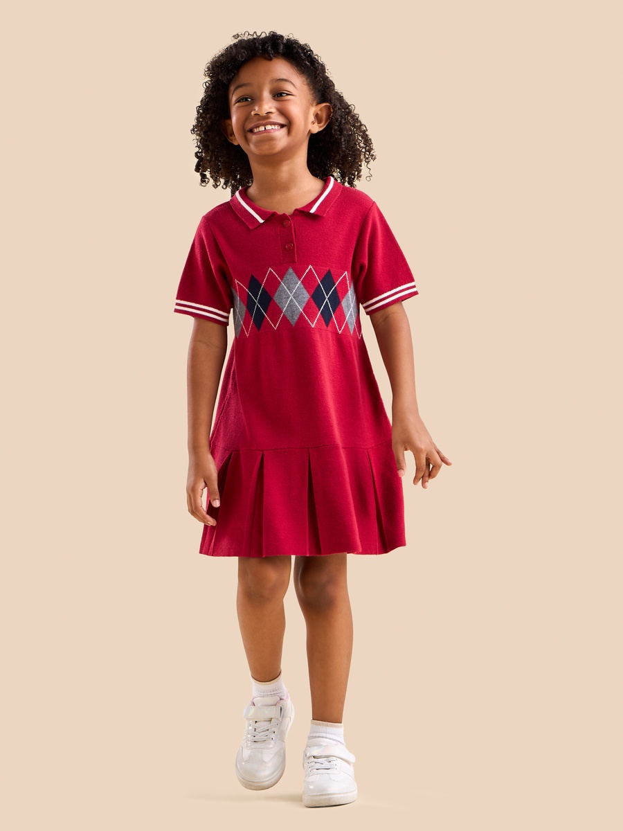 Pleated Drop Waist Polo Sweater Dress