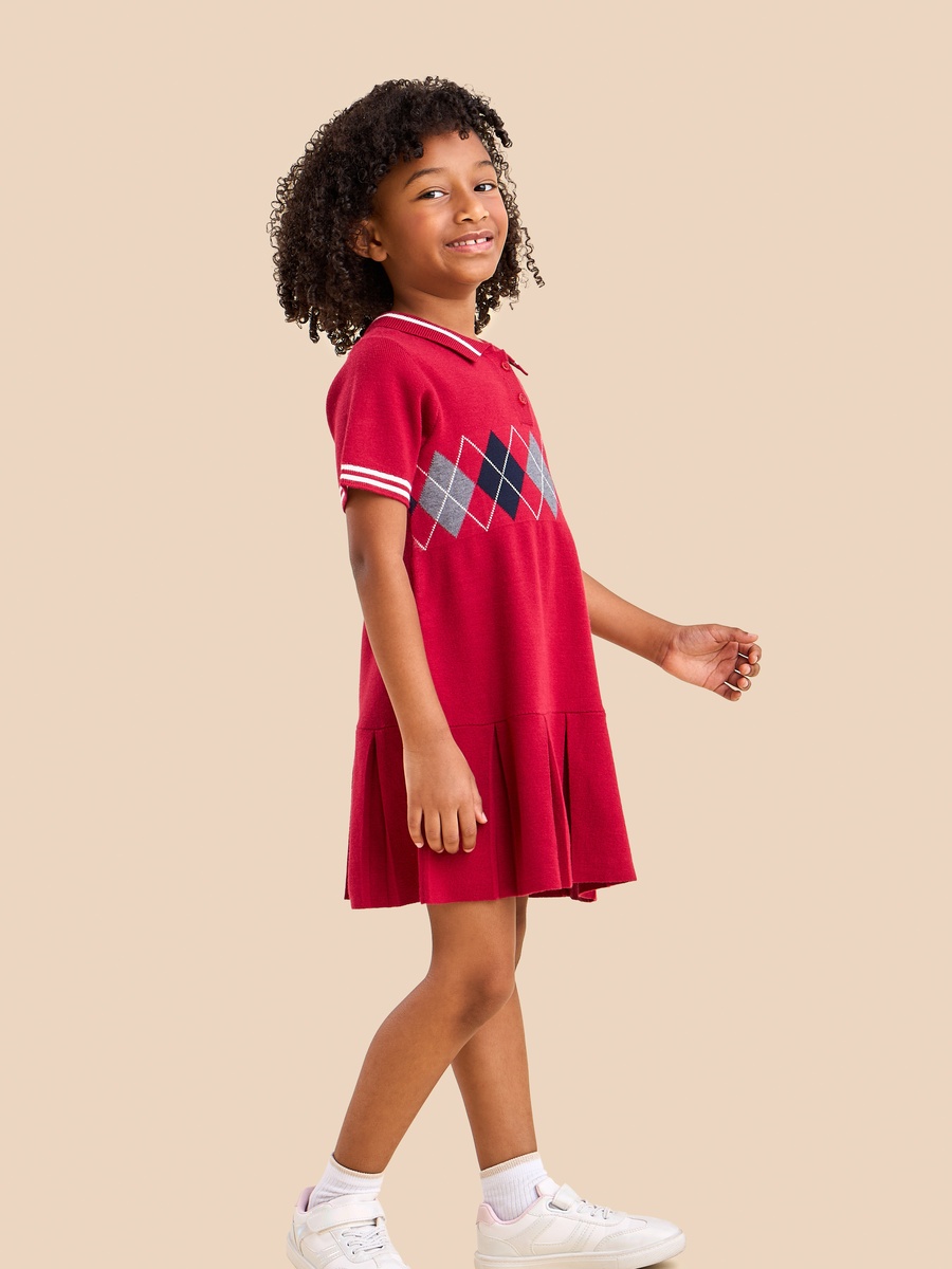 Pleated Drop Waist Polo Sweater Dress