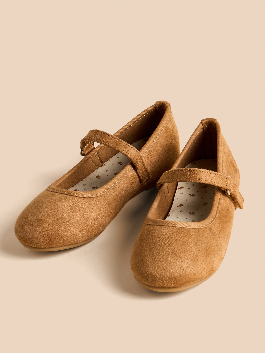 Plain Suede Ballerina Shoes with Hook and Loop Closure