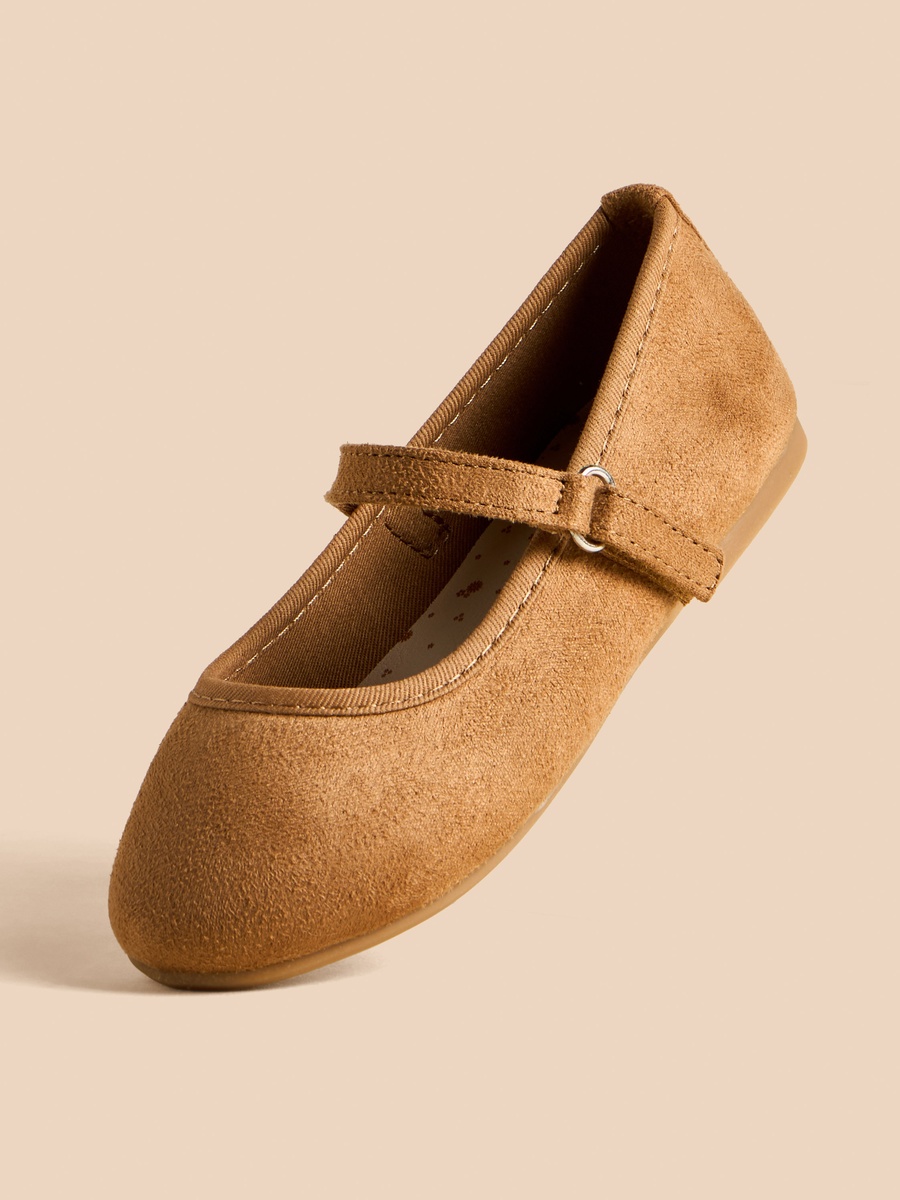 Plain Suede Ballerina Shoes with Hook and Loop Closure