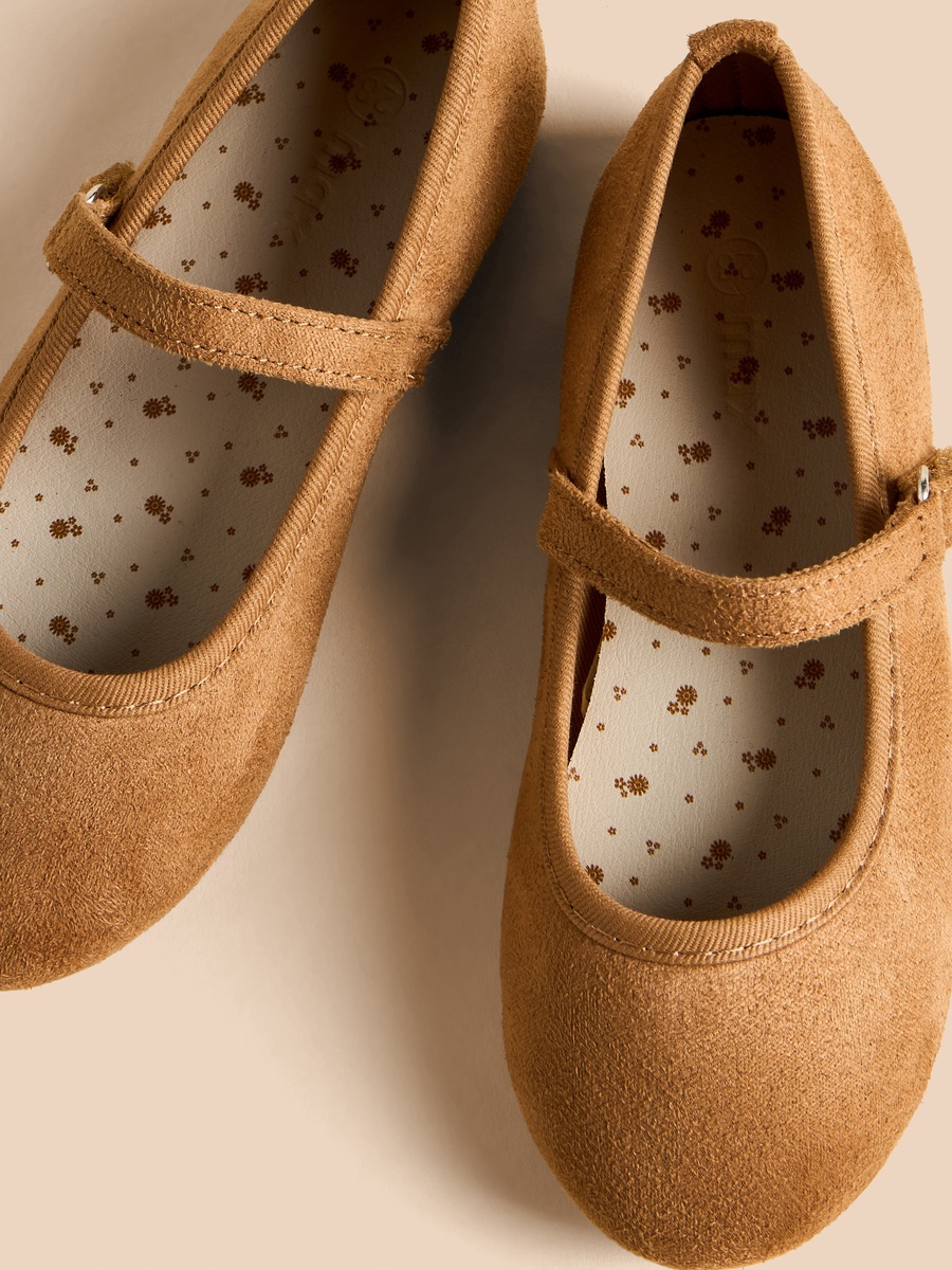 Plain Suede Ballerina Shoes with Hook and Loop Closure