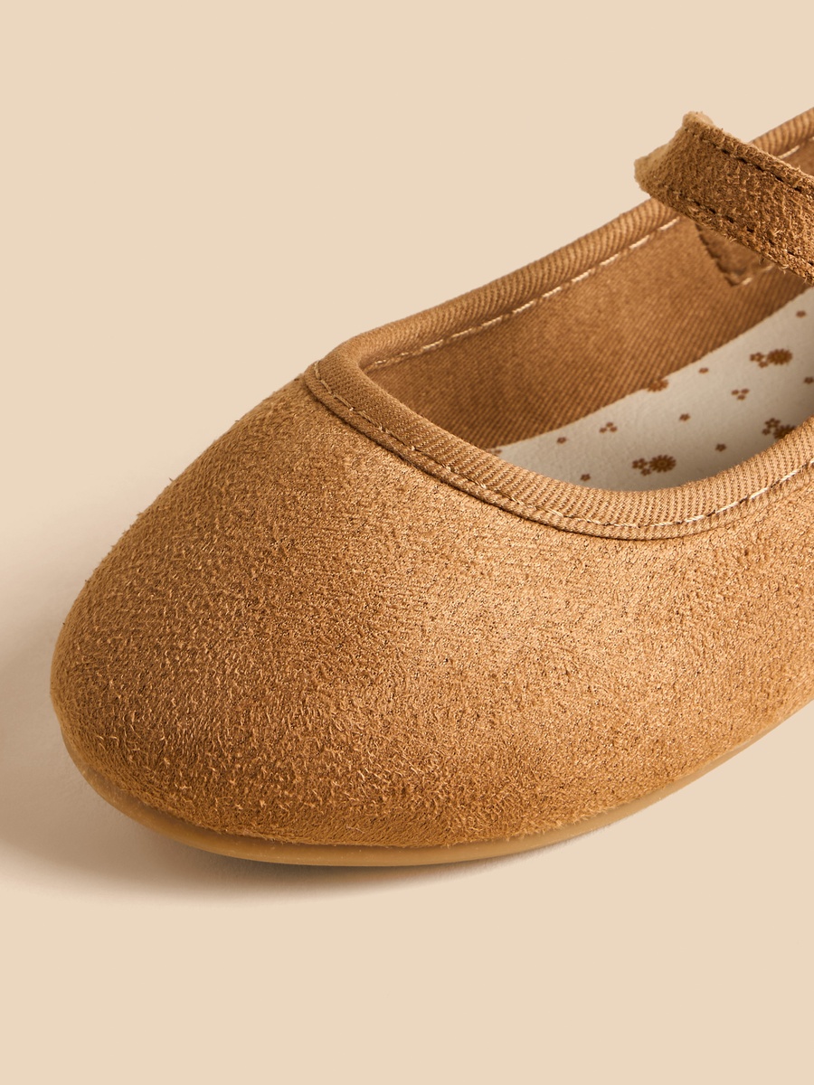 Plain Suede Ballerina Shoes with Hook and Loop Closure