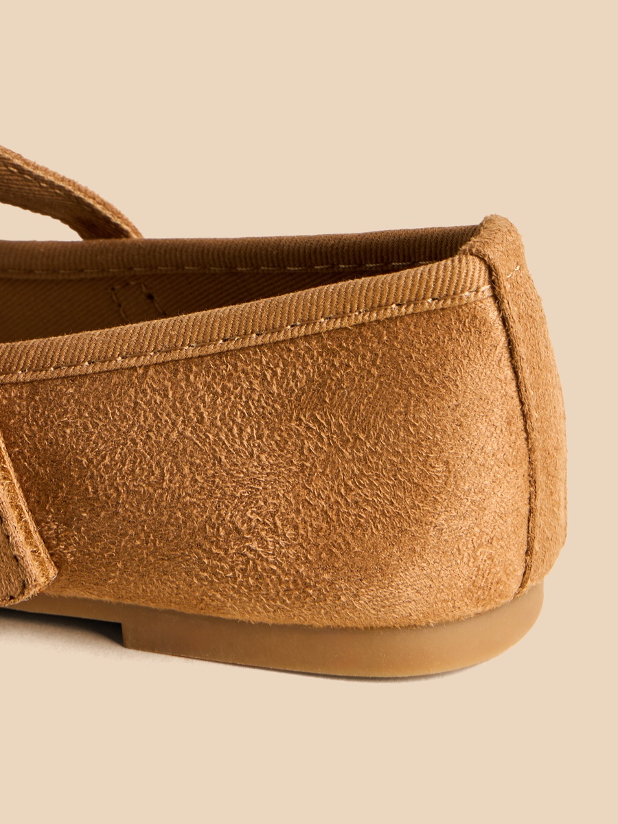 Plain Suede Ballerina Shoes with Hook and Loop Closure