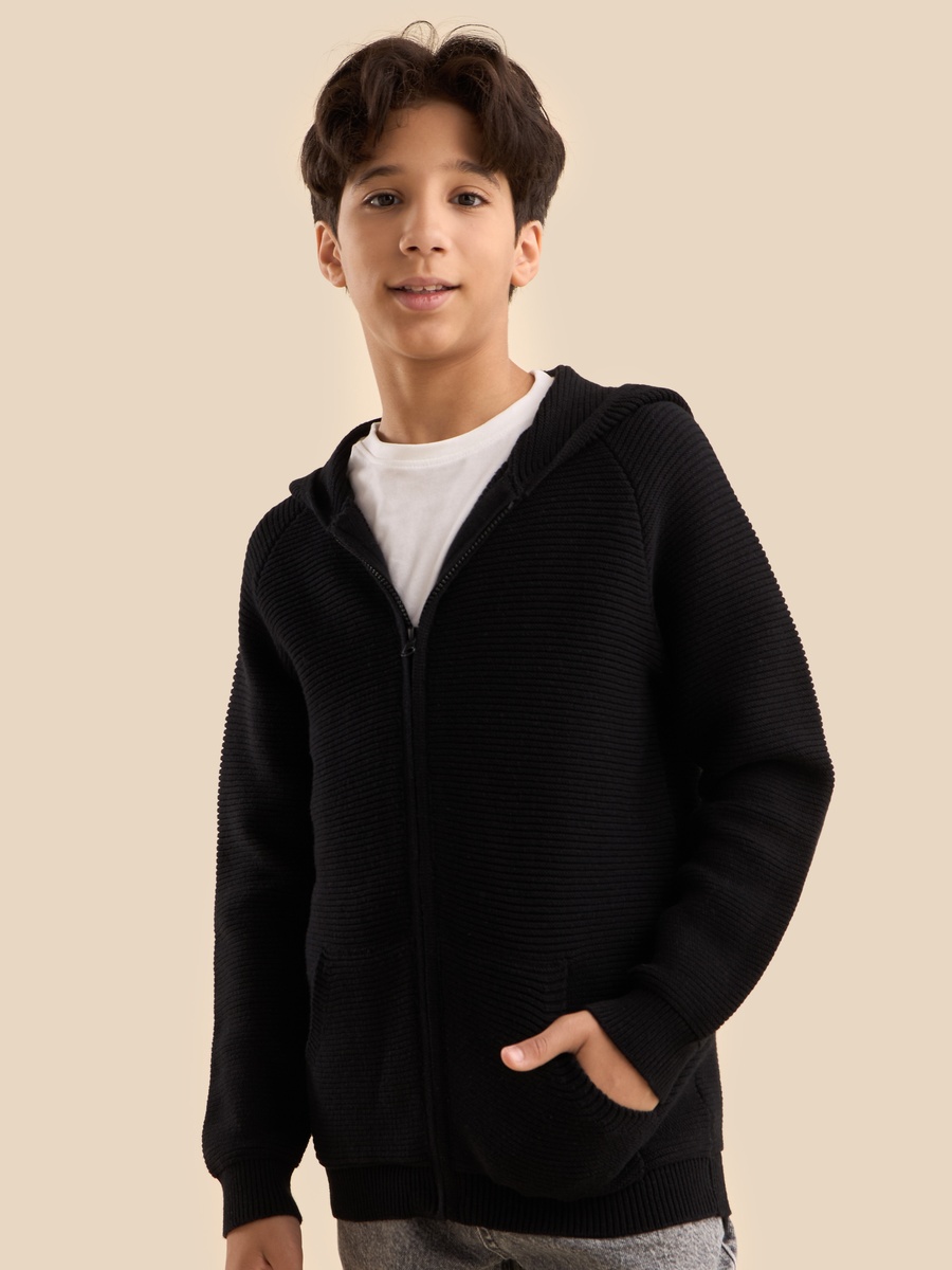 Textured Hooded Sweater with Zip Closure