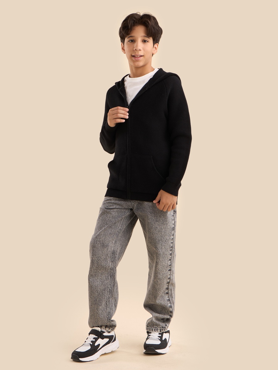 Textured Hooded Sweater with Zip Closure