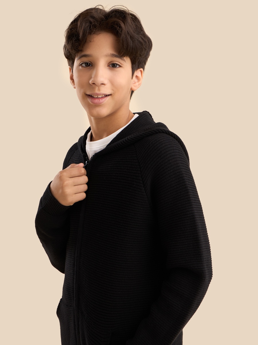 Textured Hooded Sweater with Zip Closure