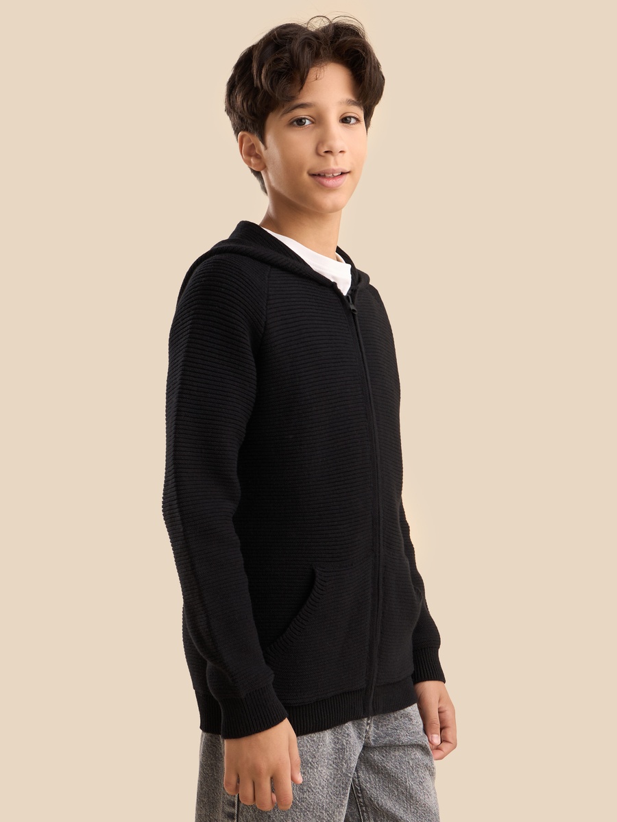 Textured Hooded Sweater with Zip Closure