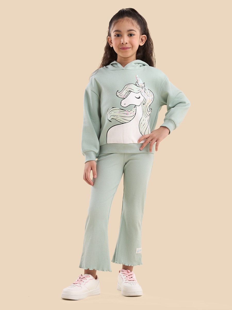 Embellished Unicorn Hooded Sweatshirt and Flared Pants Set