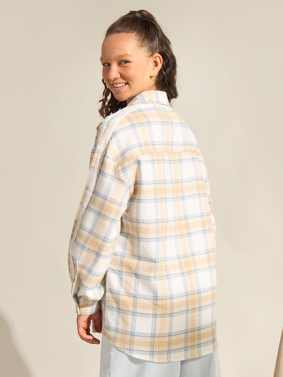 Checked Oversized Cotton Shirt with Lace Inserts