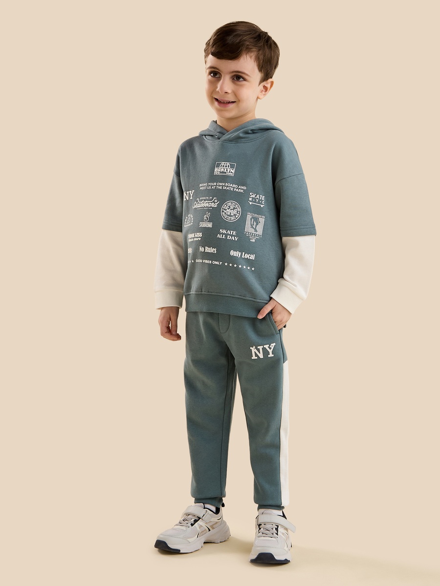 Typographic Print Cotton Hooded Sweatshirt and Joggers Set
