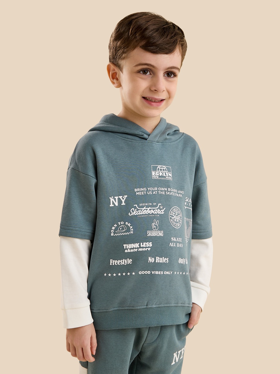 Typographic Print Cotton Hooded Sweatshirt and Joggers Set