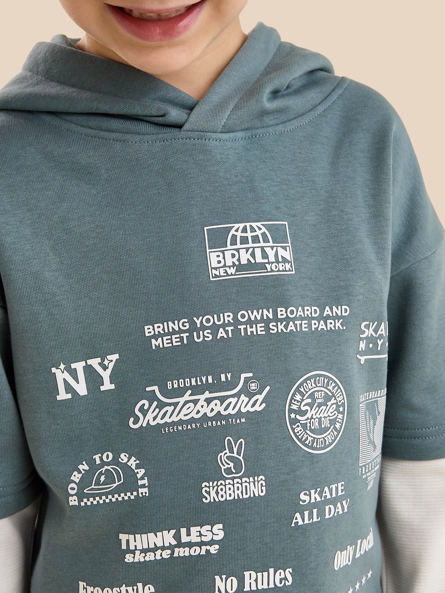 Typographic Print Cotton Hooded Sweatshirt and Joggers Set