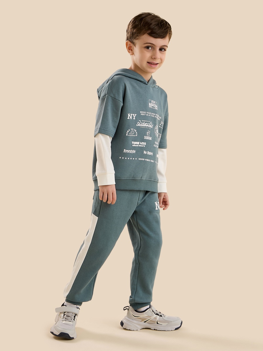 Typographic Print Cotton Hooded Sweatshirt and Joggers Set