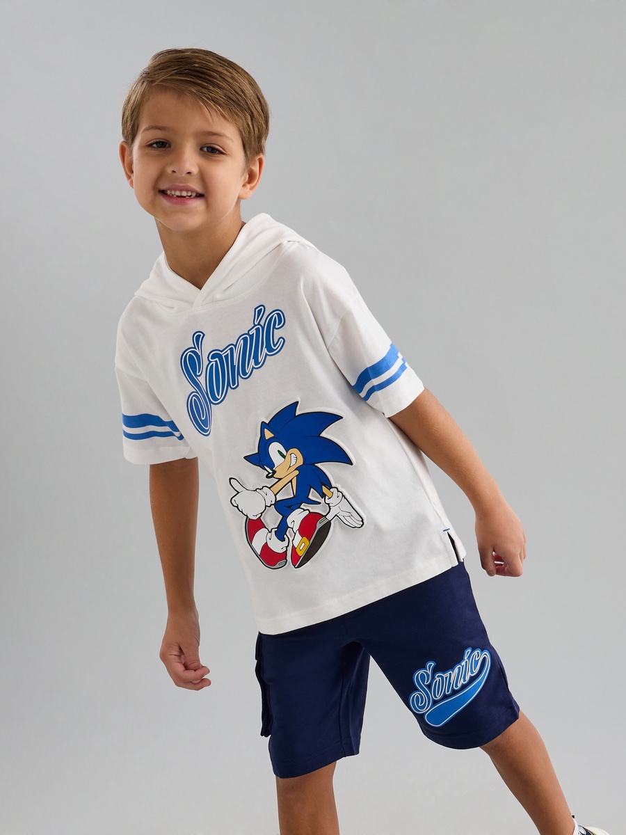 Sonic the Hedgehog Print Hooded T-Shirt and Shorts Set