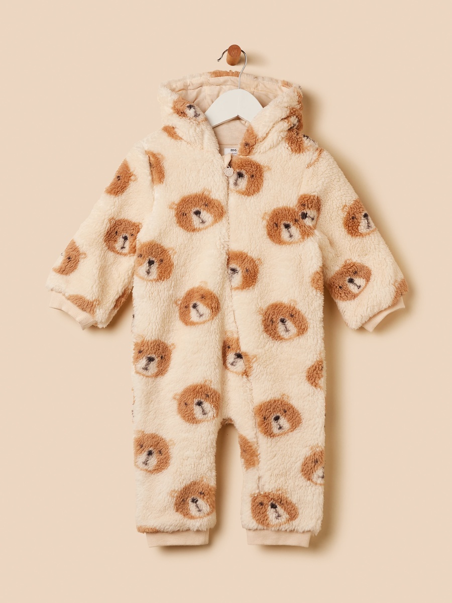 Bear Print Hooded Faux Fur Sleepsuit