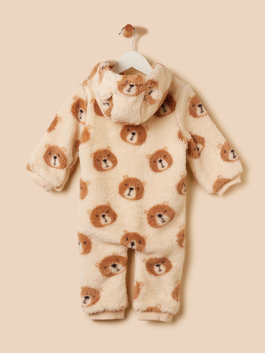 Bear Print Hooded Faux Fur Sleepsuit