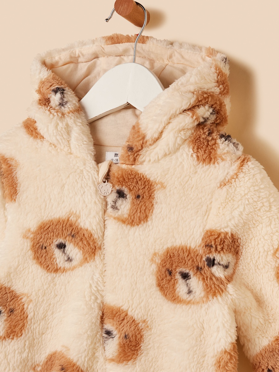 Bear Print Hooded Faux Fur Sleepsuit