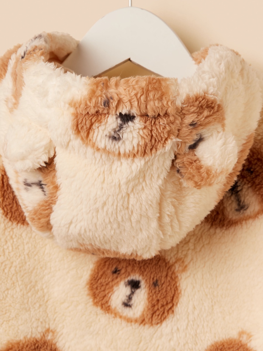 Bear Print Hooded Faux Fur Sleepsuit