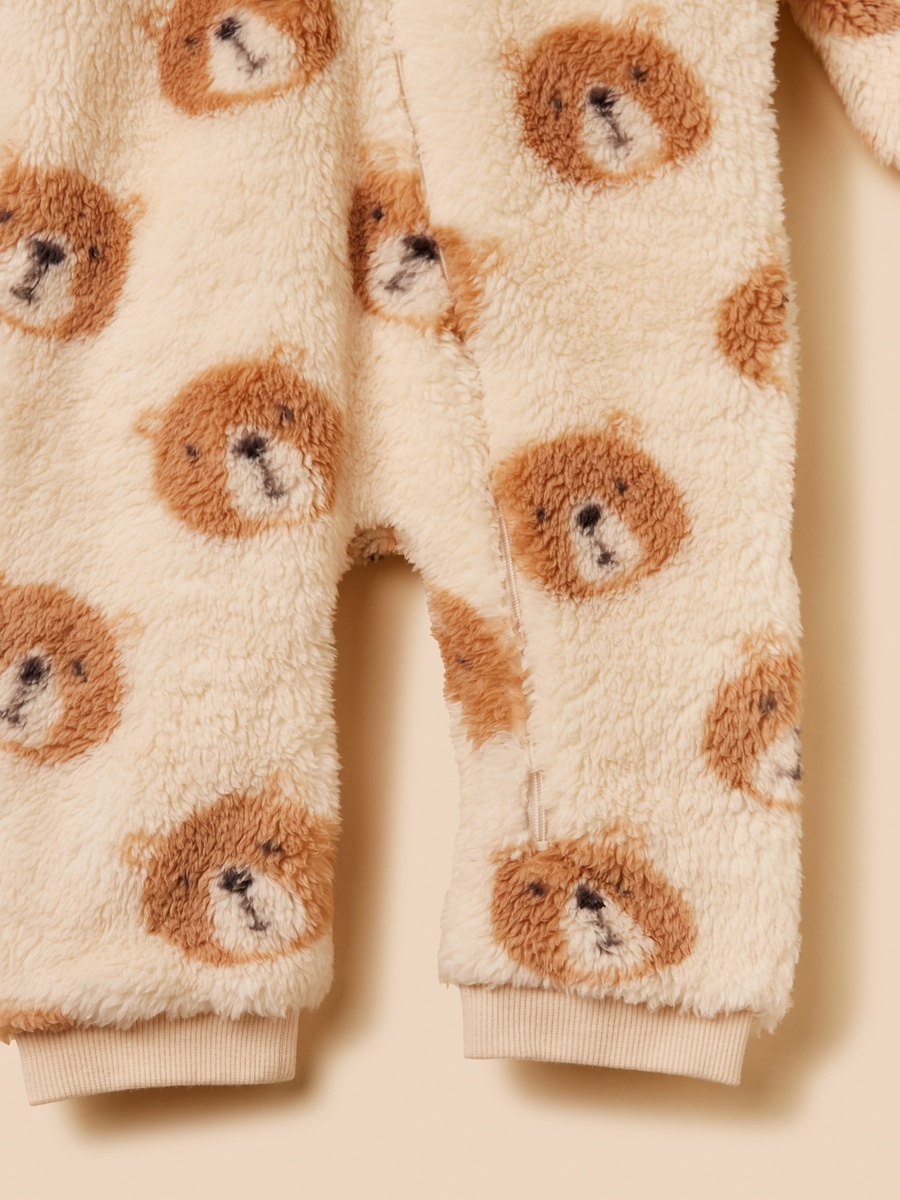 Bear Print Hooded Faux Fur Sleepsuit