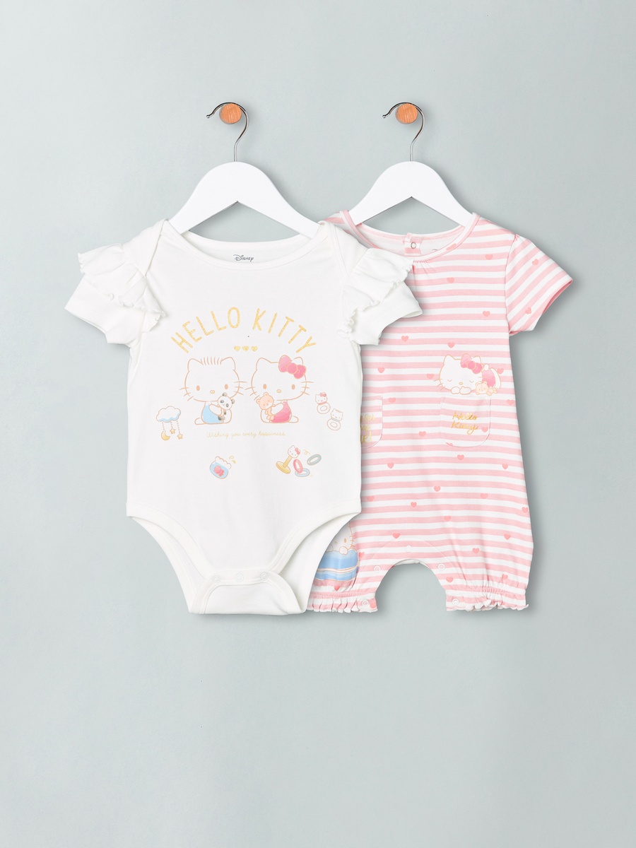 Hello Kitty Print Cotton Bodysuit and Romper Set