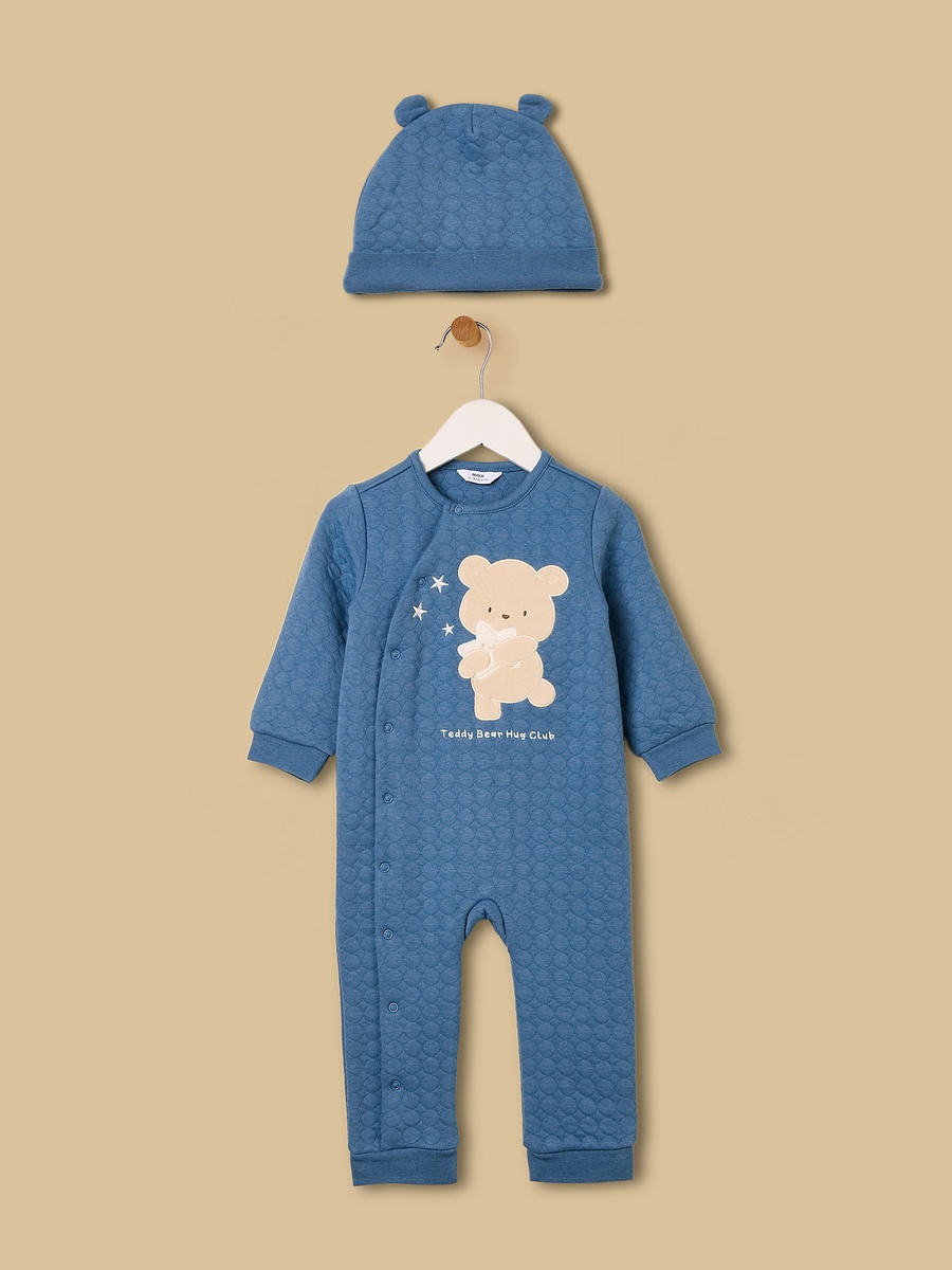 Bear Applique Quilted Sleepsuit with Cap