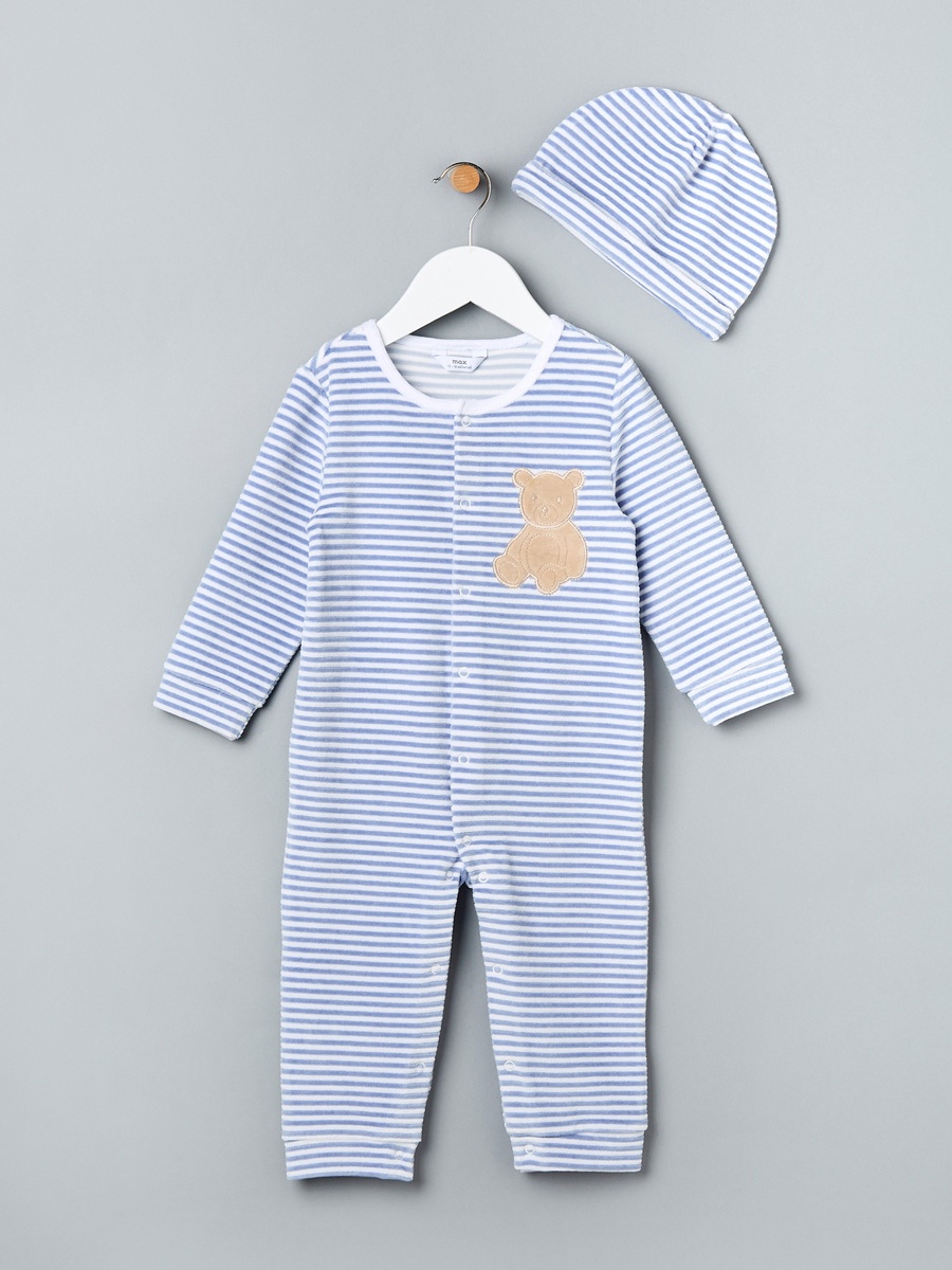 Striped Velour Sleepsuit with Cap