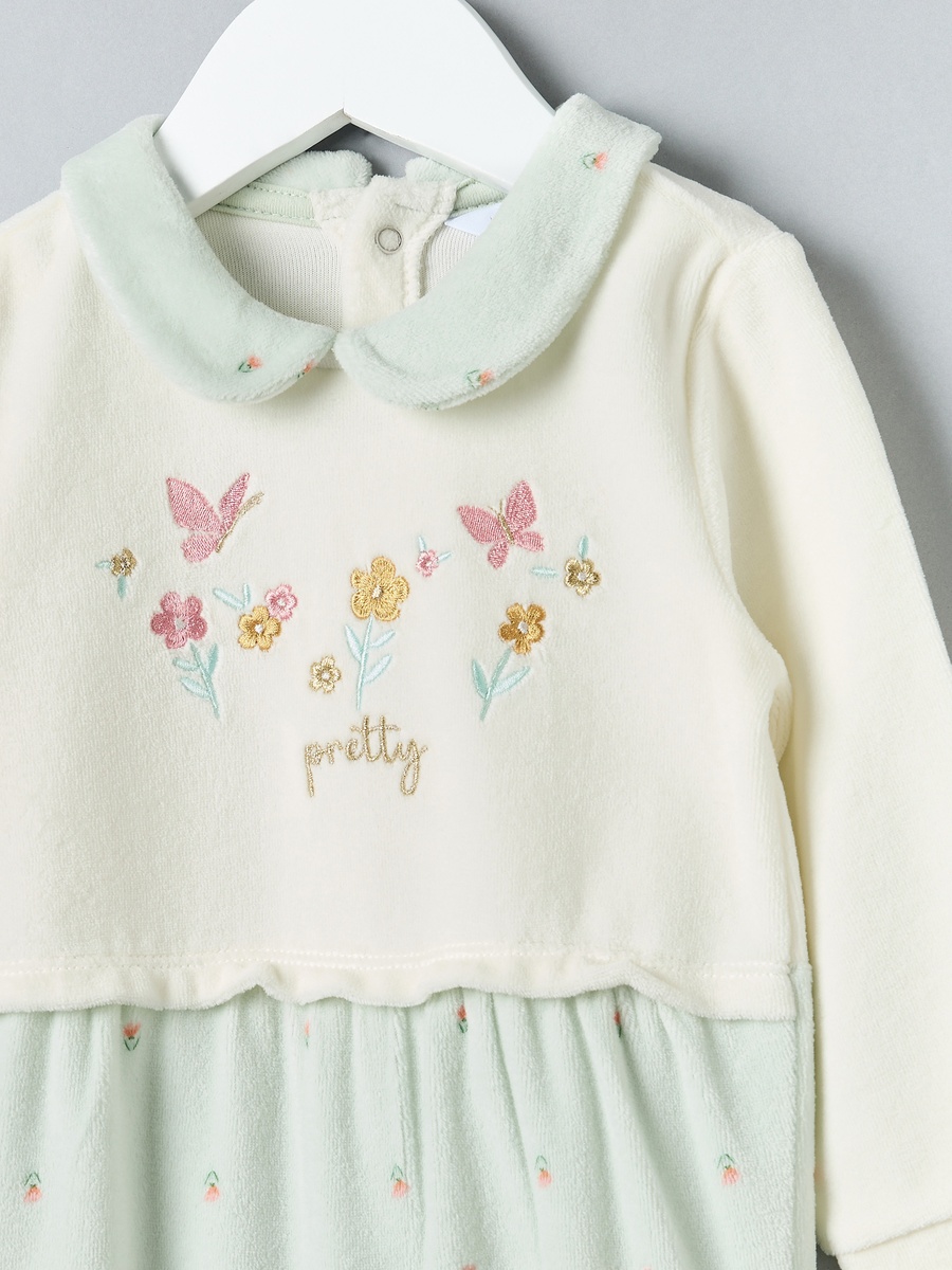 Embroidered Collared Velour Sleepsuit with Cap